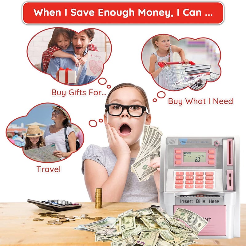 BKstar Kids Talking Pink ATM Piggy Bank with Debit Cards, Power-Off Memory, Auto-Opening Drawer for Real Money for Girls, Onekey Shutdown, Bill Feeder, Coin Recognition, Balance Calculator Machine - Image 4